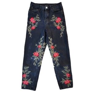 TopShop Capri Red Roses Black Jeans Size 25x24  Black Denim